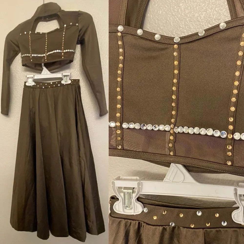 Weissman custom solo dance costume 2 piece brown maxi skirt caged top SH12603 IC